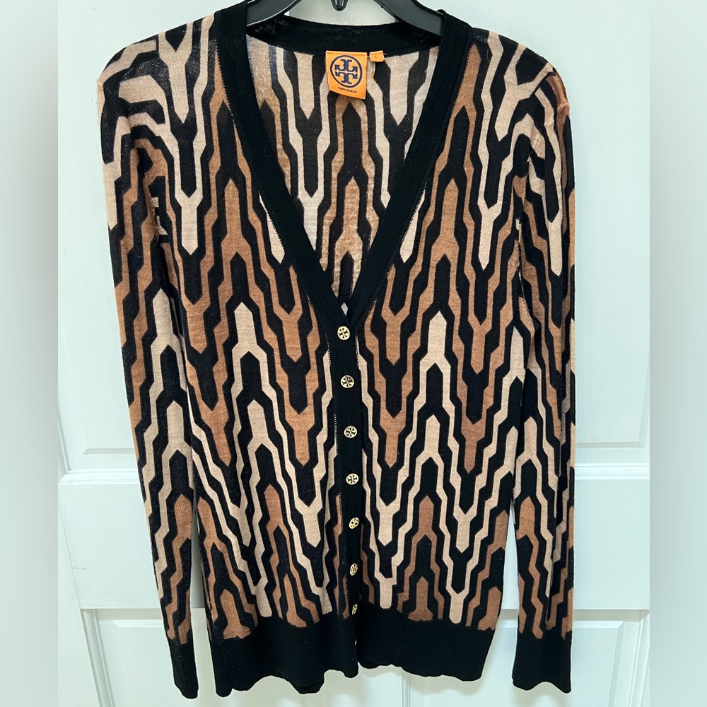 Tory Burch Black and Tan Patterned Sweater